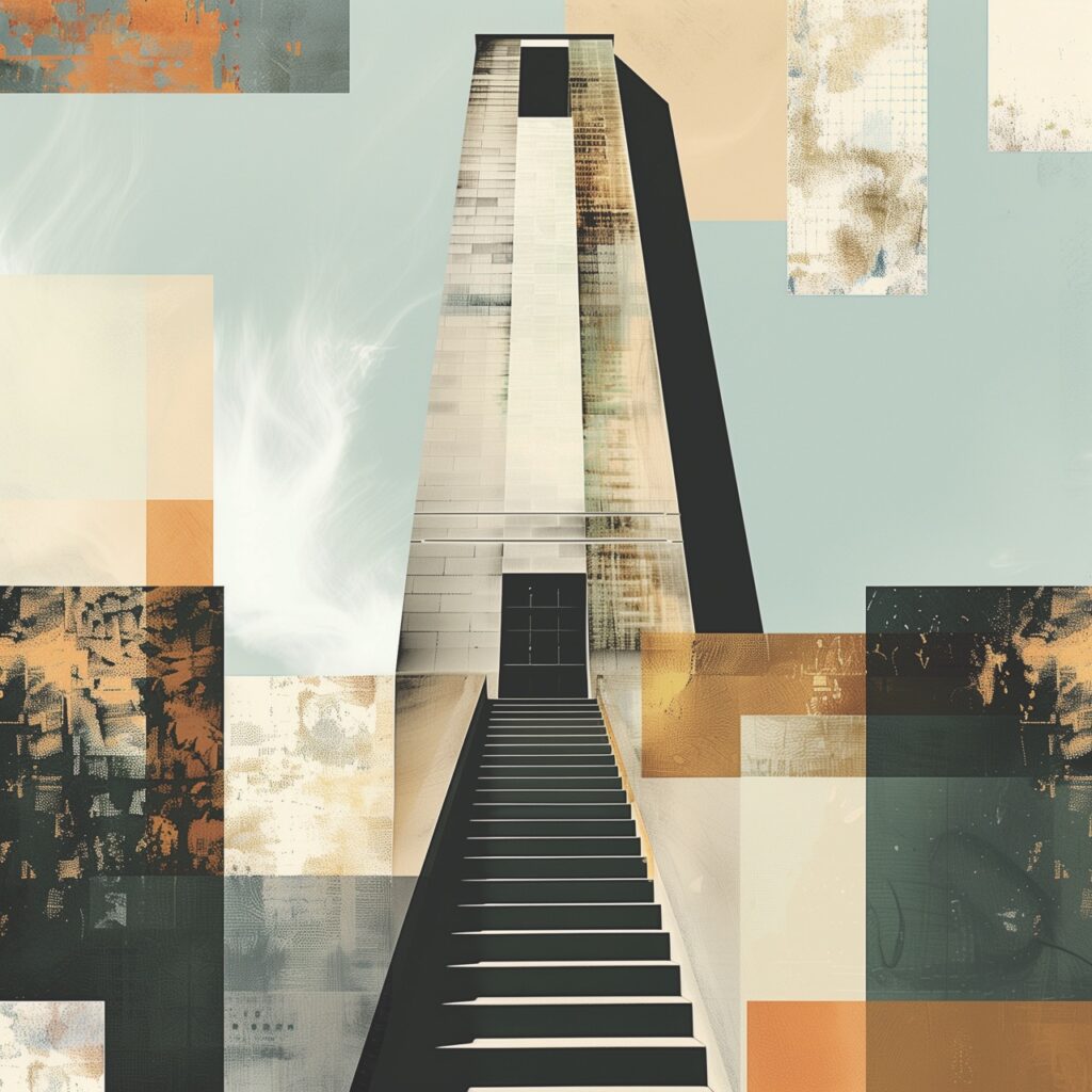 AI image of an ivory tower reachiny into a pale blue sky